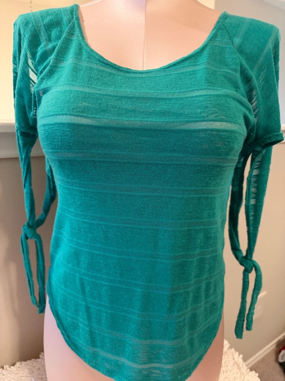 VENUS Teal Scoop Neck Lightweight Knit Long Sleeve Top with Tie Sleeves